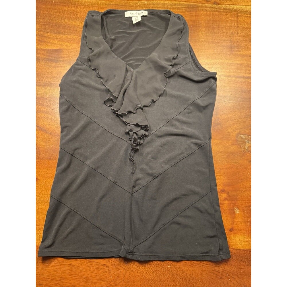 hite House Black Market Womens Black ruffle V-neck sleeveless tank top Sz XXS